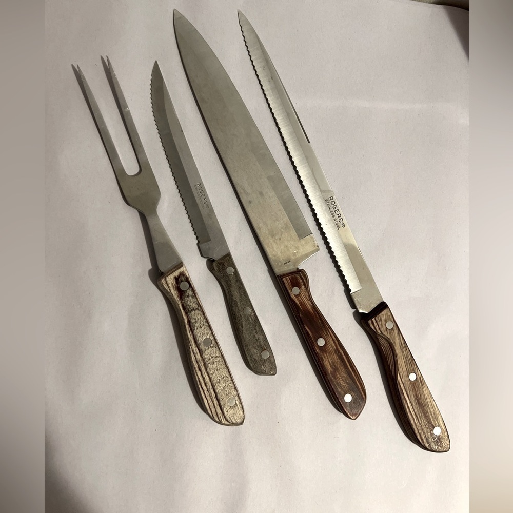 Vintage Carving Knives Fork Stainless Steel Rogers Japan Lot Of 4 Wood Handle
